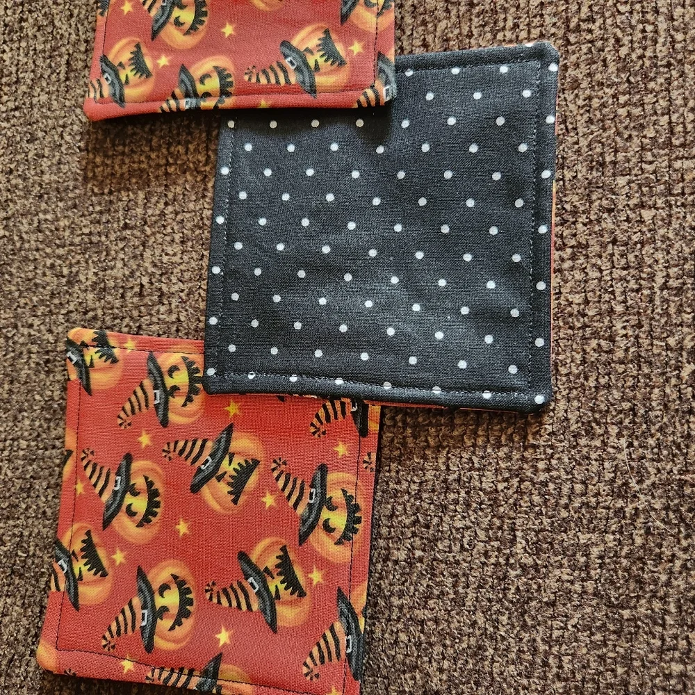 Halloween Coasters Set Of 4 Handmade Jackolanterns Witch Hats Dark Orange New